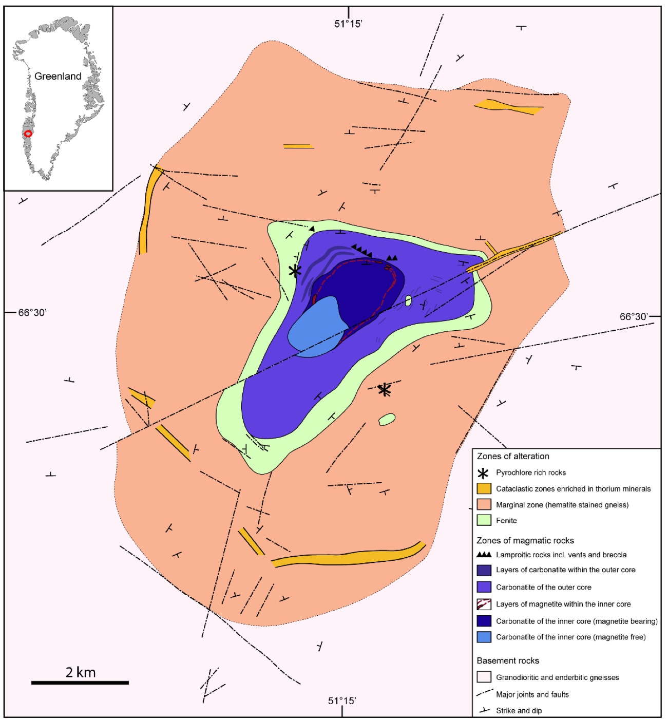 Geological map of the Sarfartoq carbonatite complex showing the carbonatite core, fenite alteration zones and radial faults