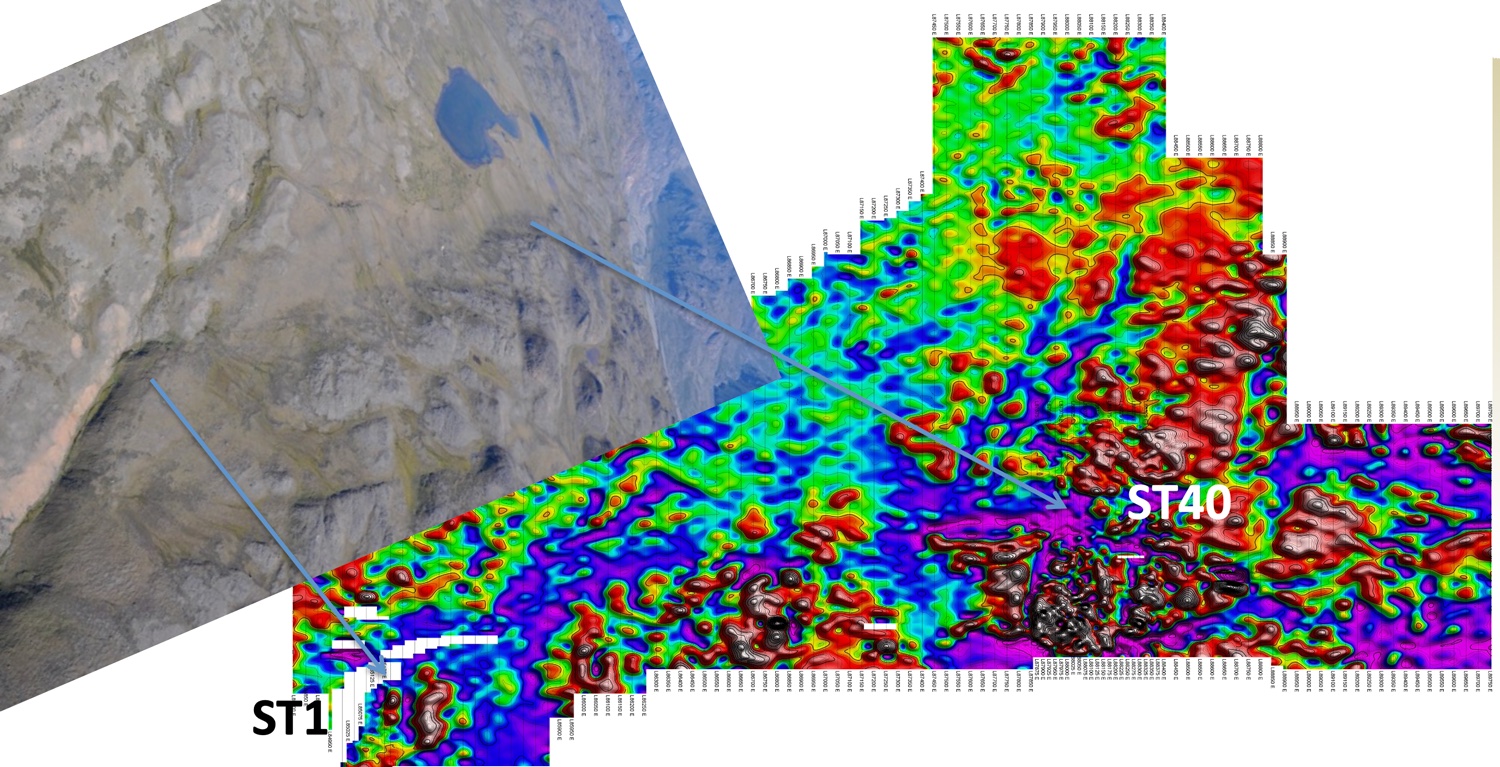 Ground magnetic survey image draped over the terrain from ST1 toward ST40