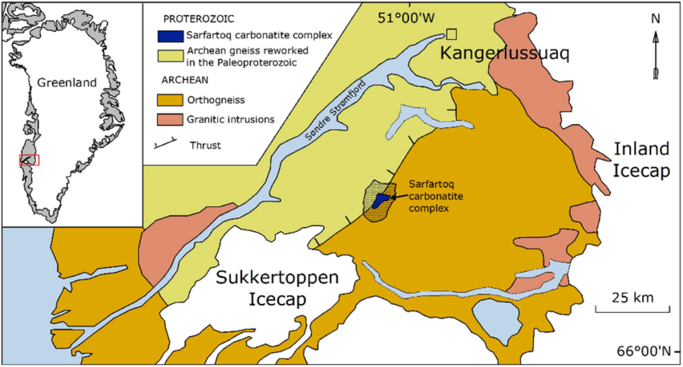 Regional geology of the Kangerlussuaq area with the Sarfartoq carbonatite complex between the Sukkertoppen and inland ice caps