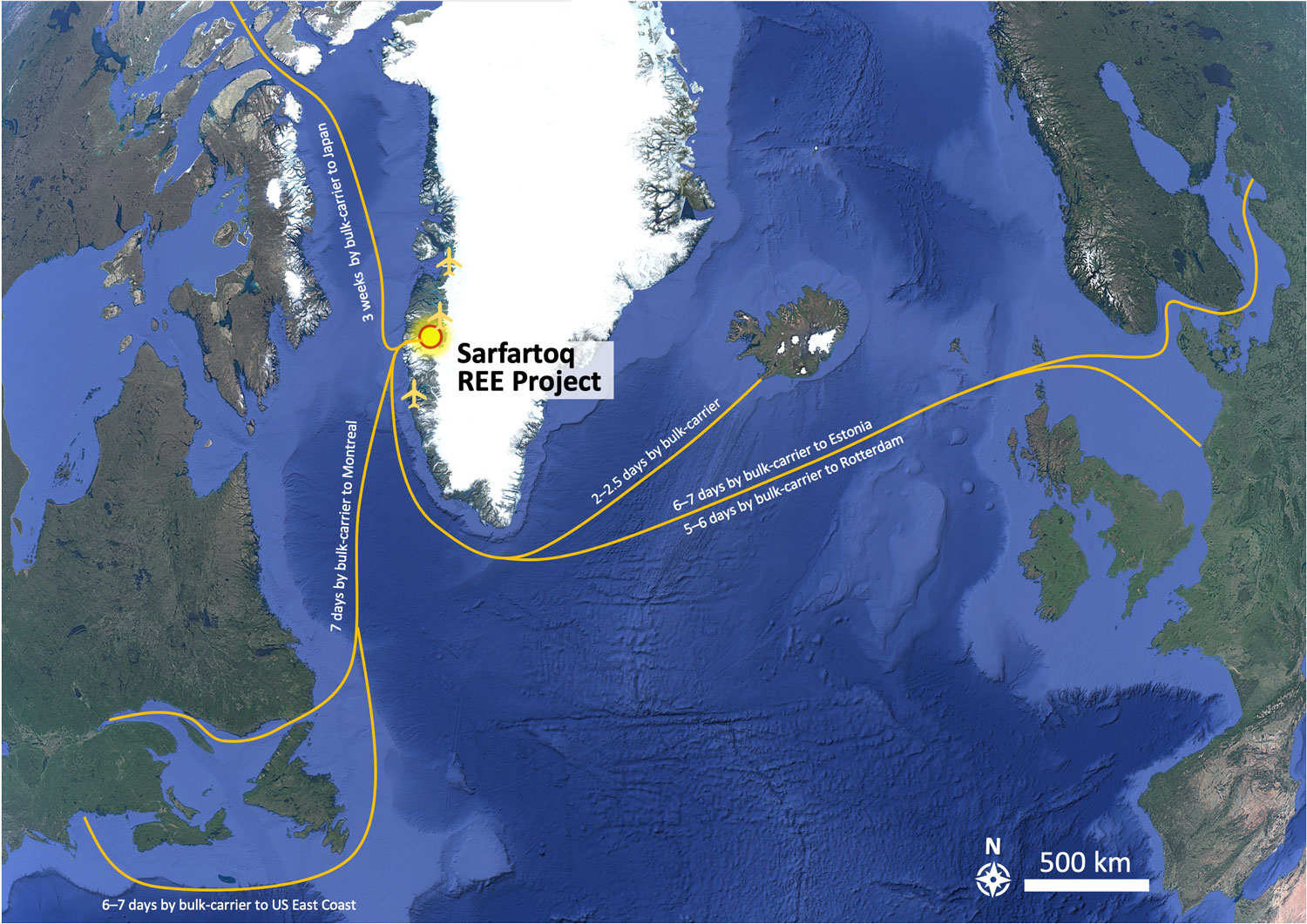 Map of the western hemisphere with bulk carrier routes from Sarfartoq to North America and Europe