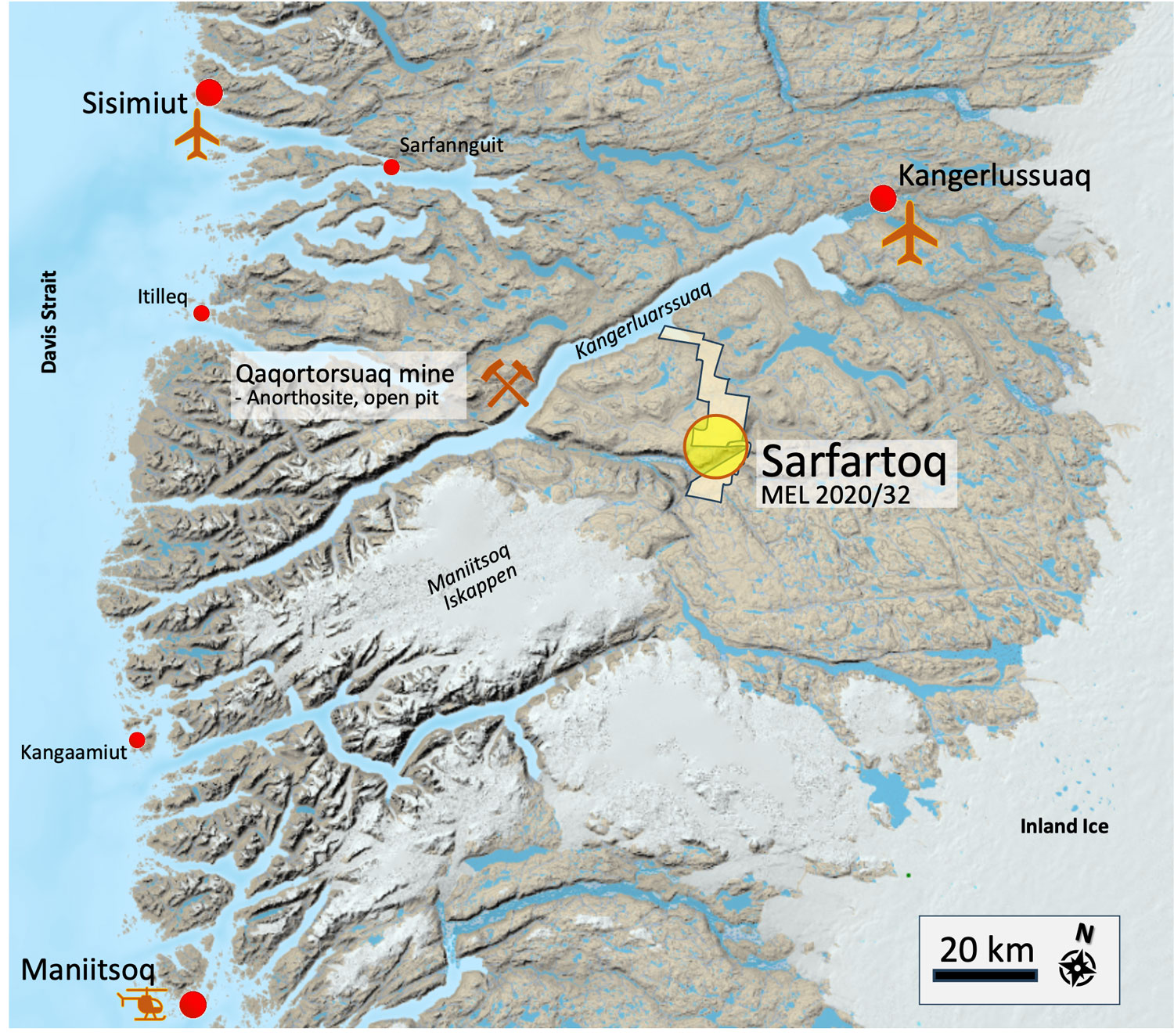 Map of southwest Greenland showing licence MEL 2020-32 south of Kangerlussuaq, with Sisimiut and Maniitsoq on the coast