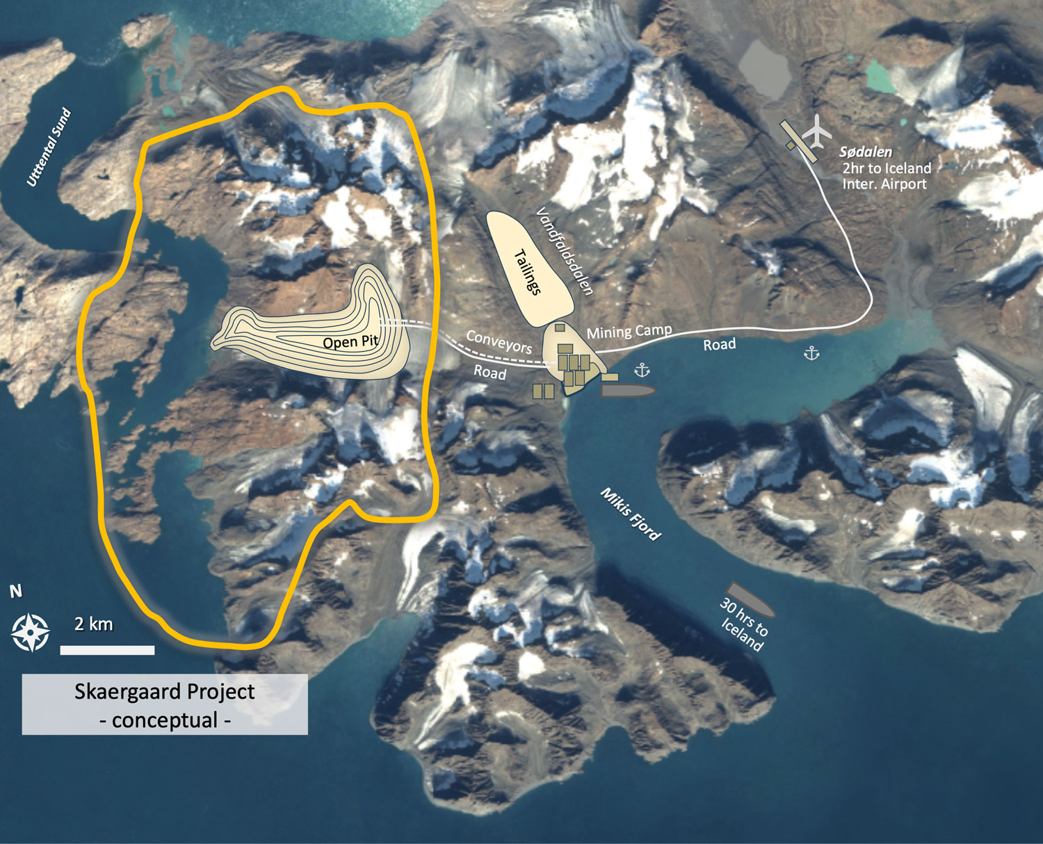 Aerial conceptual illustration of a future Skaergaard mine with an open pit, mining camp, road to the fjord and the Sødalen airstrip