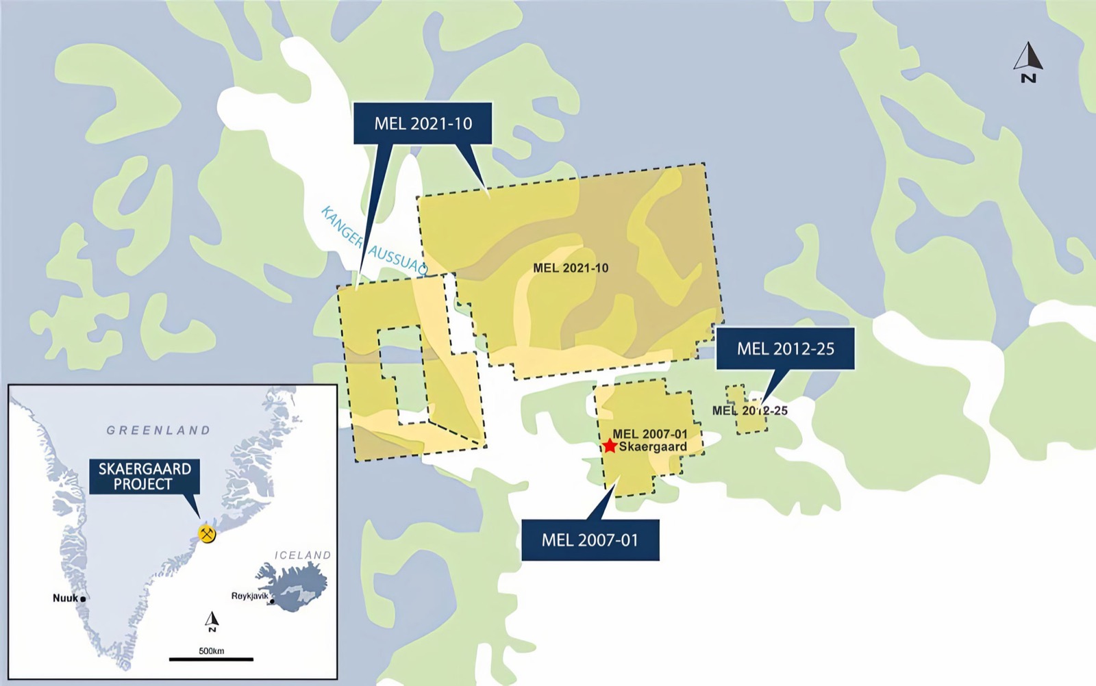 Map of the three mineral exploration licences around the Skaergaard Intrusion on the Kangerlussuaq fjord system