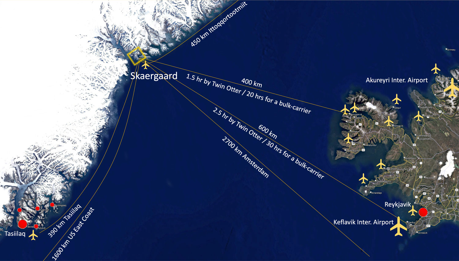 Map of the North Atlantic region showing Skaergaard on the east coast of Greenland, Iceland and the routes between them
